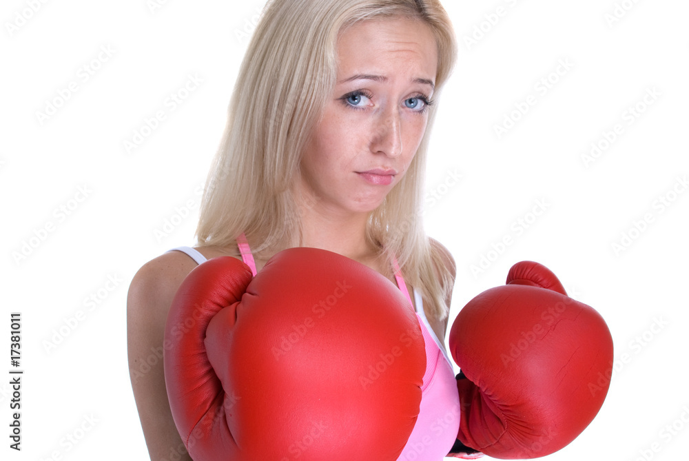 Beautiful slavonic woman in red box gloves on white background Beautiful slavonic woman in red box gloves on white background