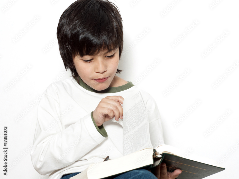The schoolboy with book in hands on a light background The schoolboy with book in hands on a light background