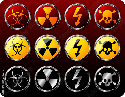 Set of steel shields with warning symbols