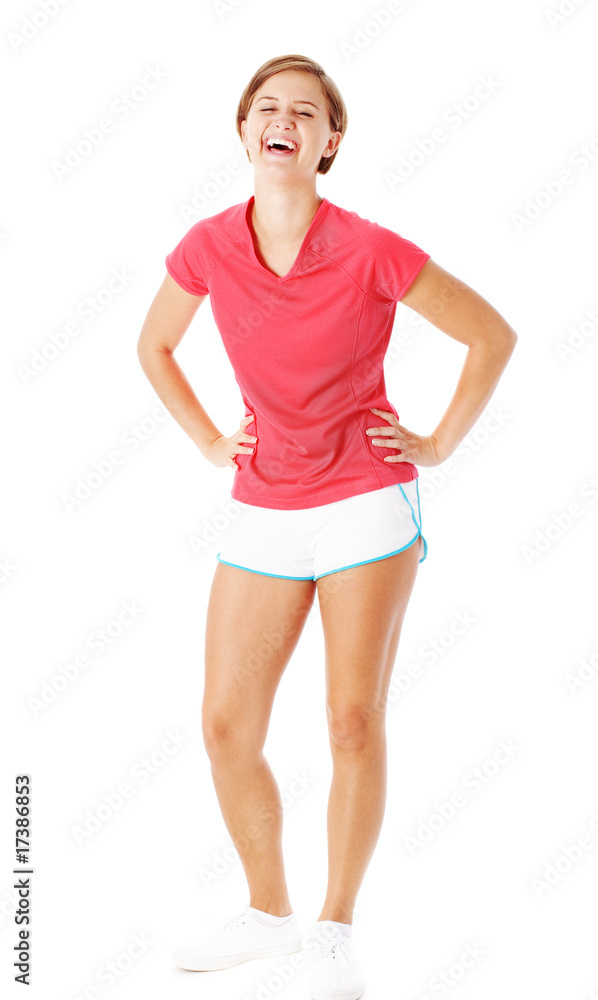 Young Fitness Woman in Red Shirt Isolated on White Young Fitness Woman in Red Shirt Isolated on White