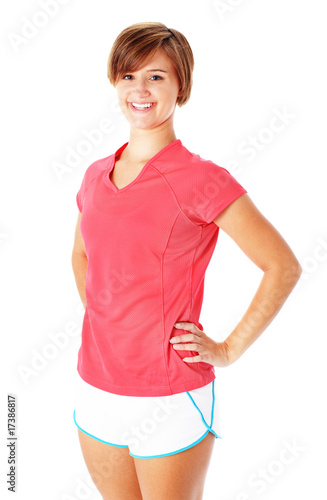 Young Fitness Woman in Red Shirt Isolated on White