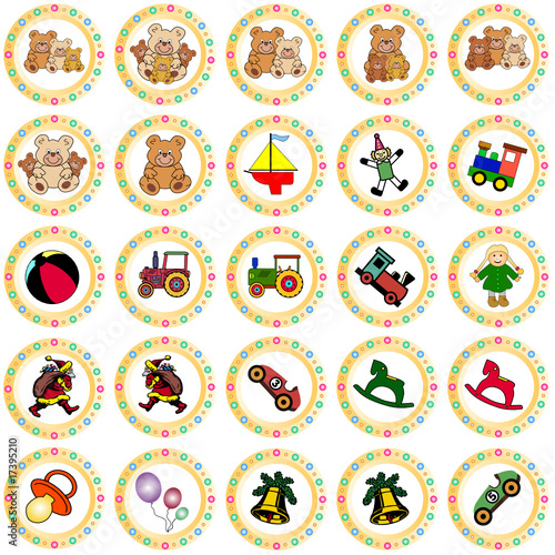 goldene verzierte Kreise mit Spielzeugen und Weihnachtsmotiven