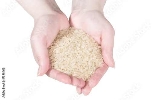 Rice in woman’s hands (isolated on white)