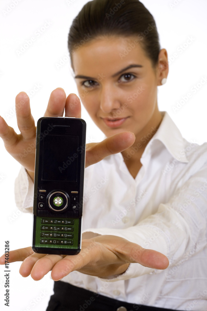 businesswoman presenting a mobile phone businesswoman presenting a mobile phone