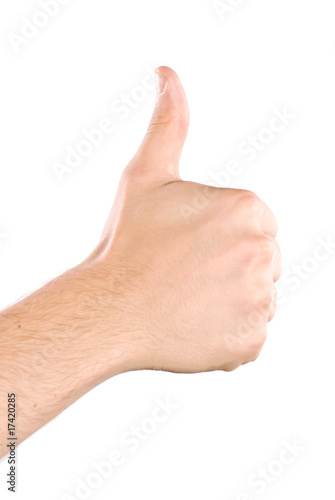 Human hand showing thumbs up isolated on white