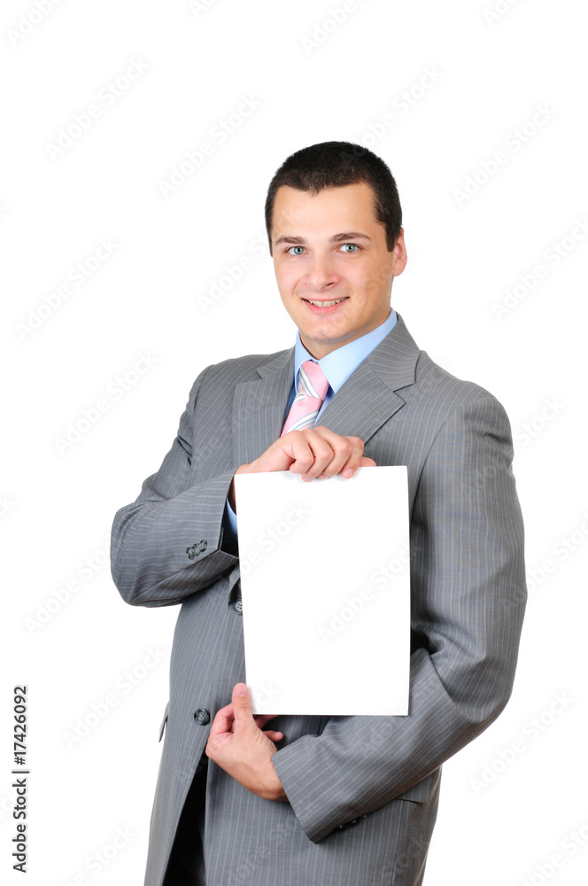 Young man holding a blank banner isolated on white Young man holding a blank banner isolated on white