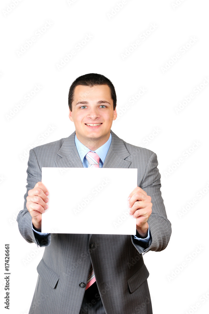 Young man holding a blank banner isolated on white Young man holding a blank banner isolated on white