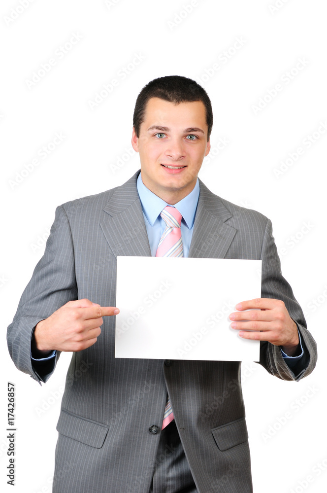 Young man holding a blank banner isolated on white Young man holding a blank banner isolated on white