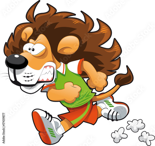 Runner Lion. Funny cartoon and vector sport character.