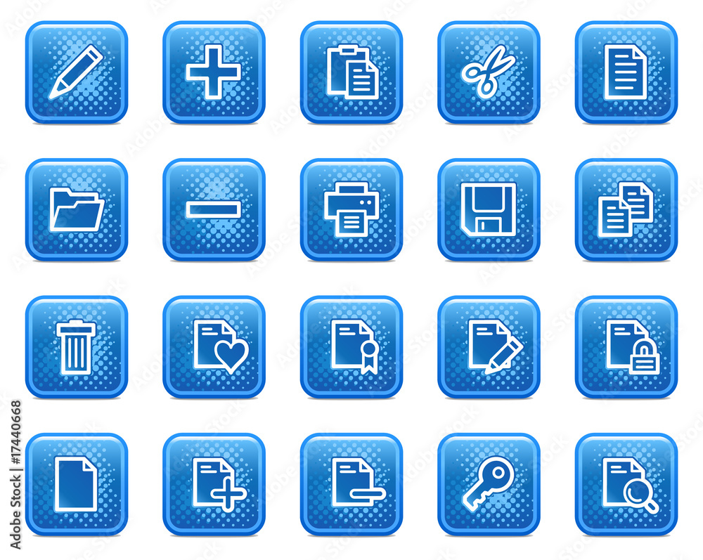 Document web icons, blue square buttons with dots Document web icons, blue square buttons with dots