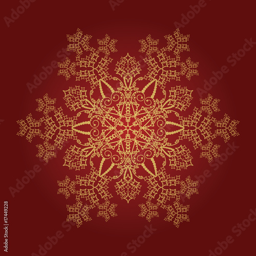 Detailed golden snowflake on red background
