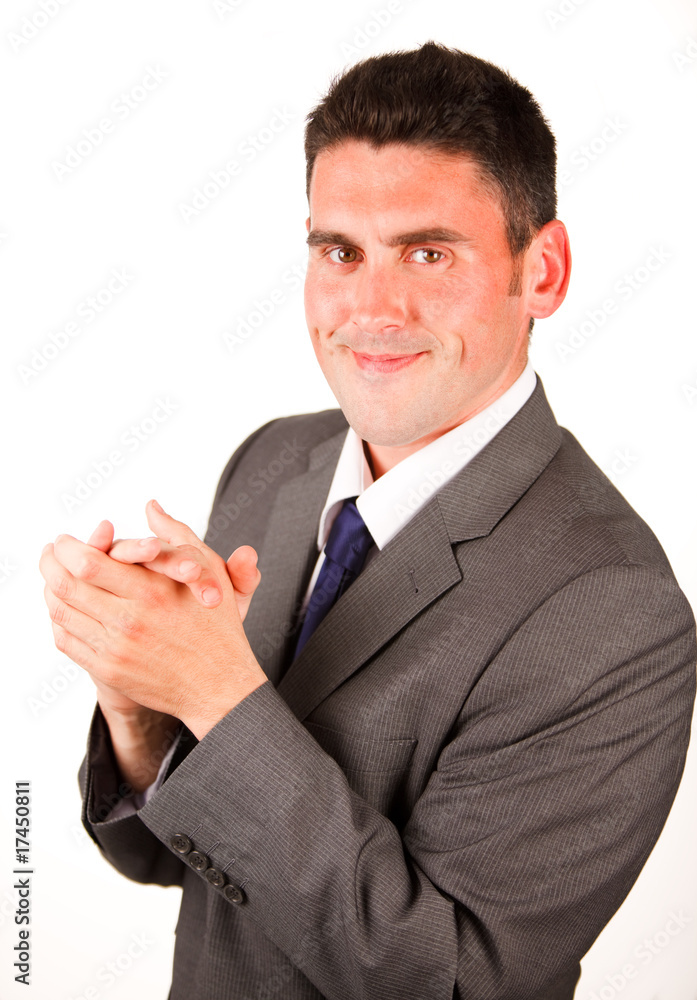 High view of businessman clapping against white background High view of businessman clapping against white background