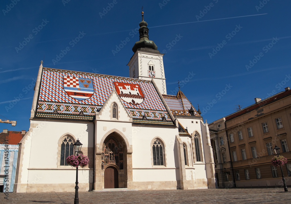 St. Marco church with national coat of arms in Zagreb, Croatia