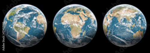 Set of 3 globes planet earth - black background