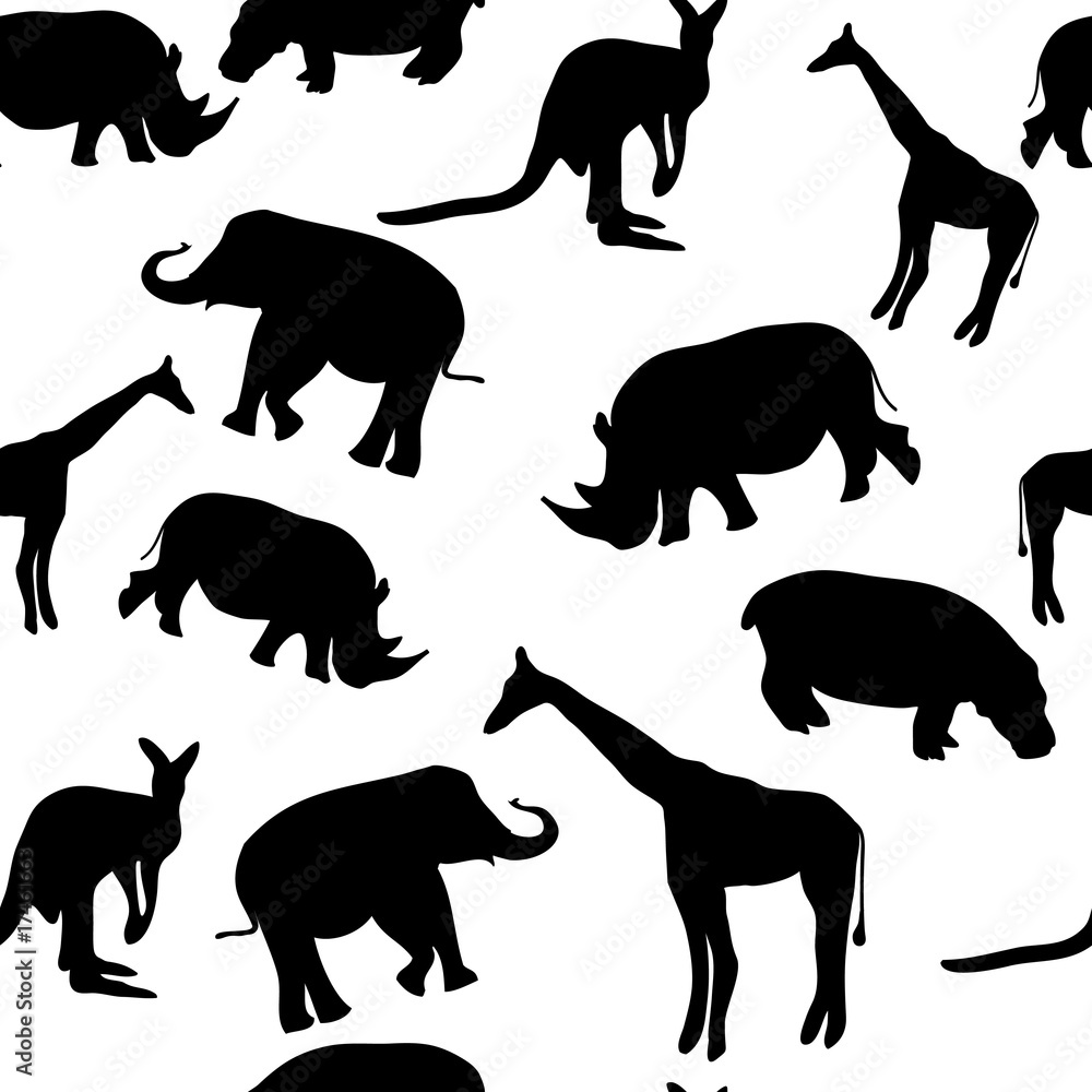 Seamless black and white background with wild animals
