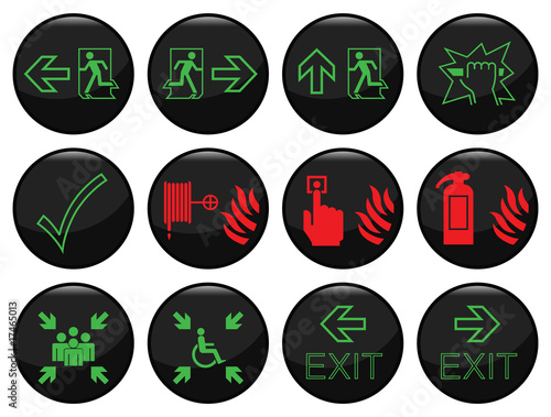 Fire and escape route black icon set individually layered