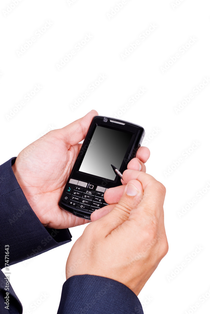 Hands working on mobile telephone isolated on white Hands working on mobile telephone isolated on white