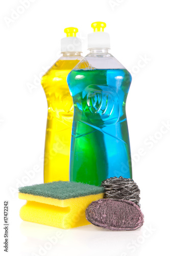 Detergent bottles, scouring, stainless and steel wool soap pads photo