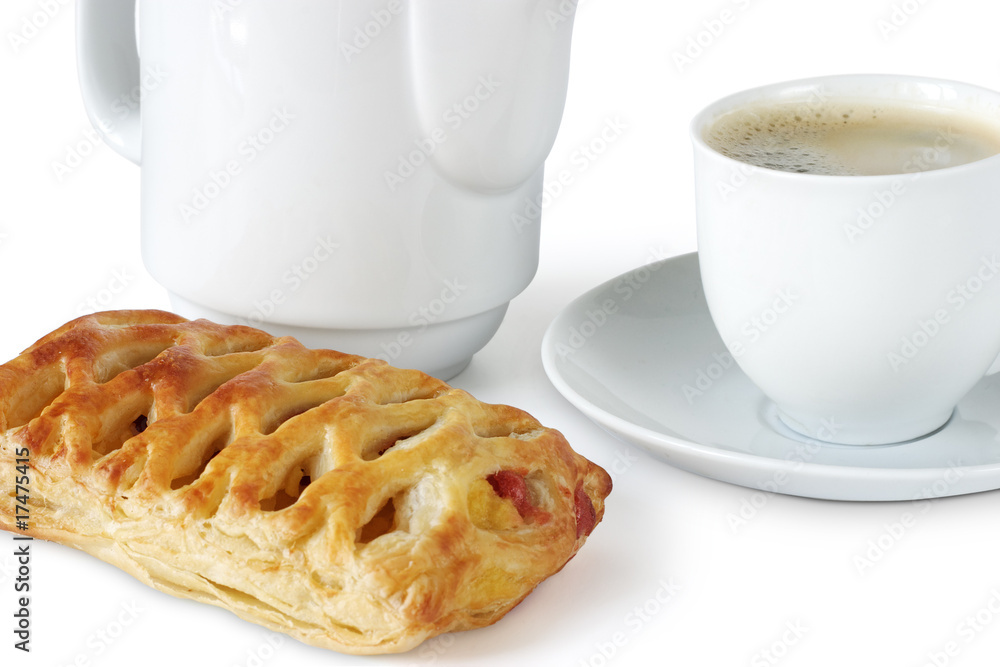 Coffee with sweet pie isolated on white Coffee with sweet pie isolated on white
