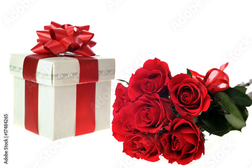 beautiful red roses and present
