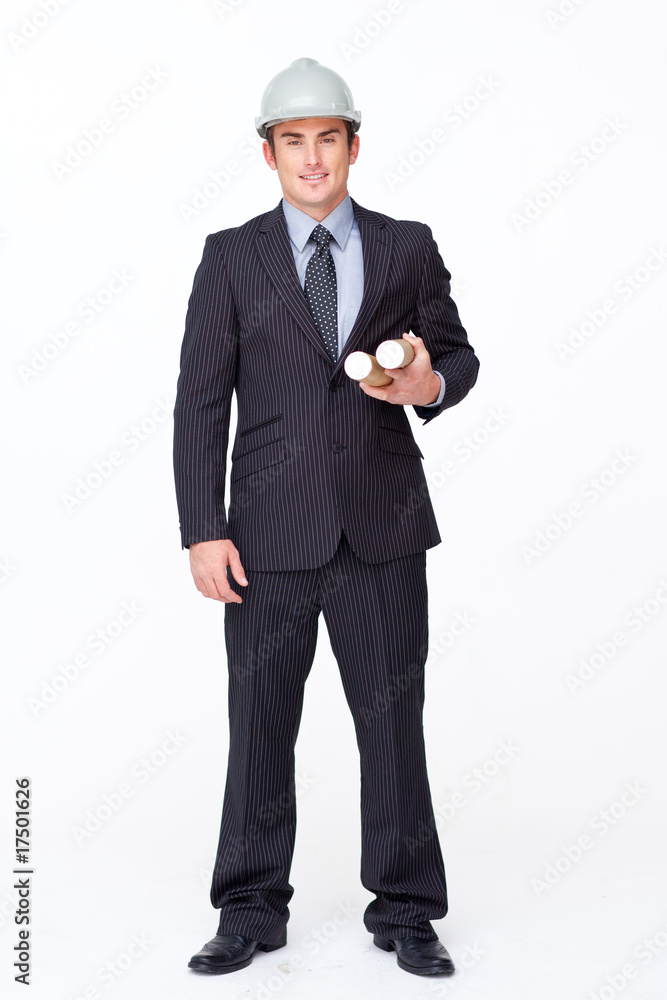 Standing attractive businessman against white Standing attractive businessman against white