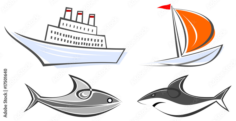 Set of marine icons - ocean liner, yacht, shark and fish Set of marine icons - ocean liner, yacht, shark and fish