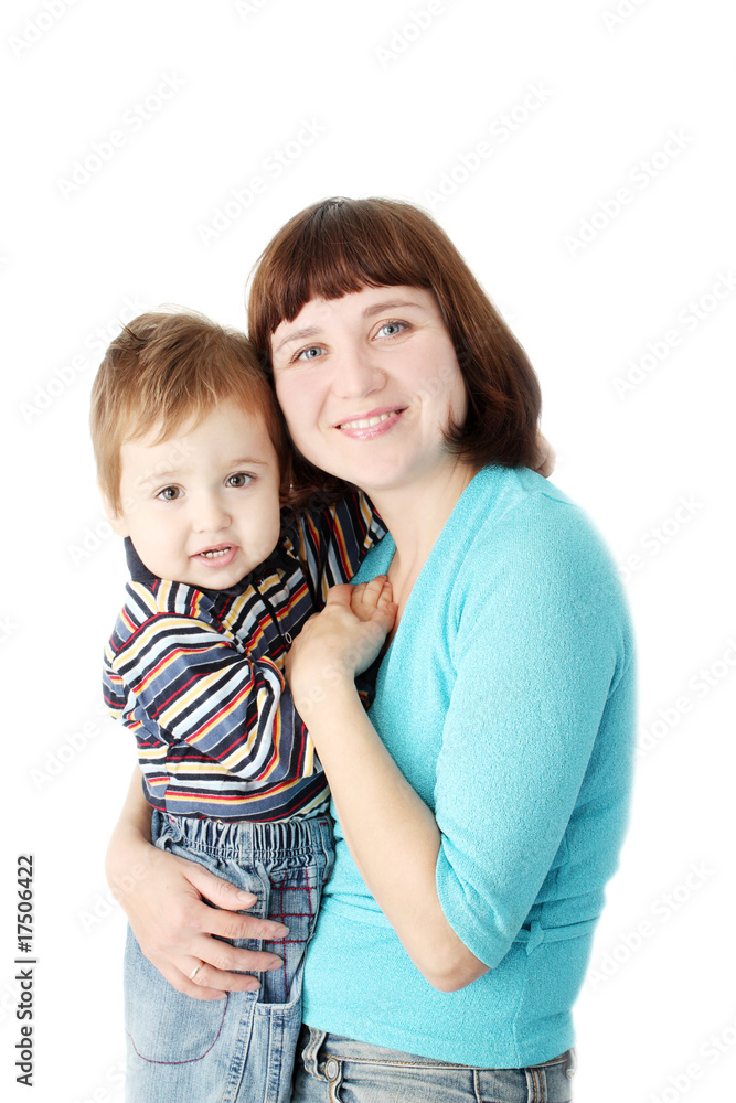 A smiling mother holds a child on hands A smiling mother holds a child on hands