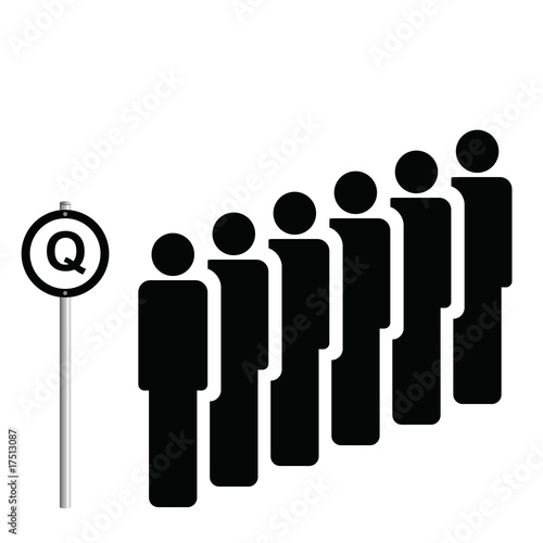 A number of people queuing next to Q sign
