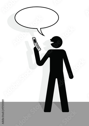 Man talking loudly into mobile phone with speech bubble