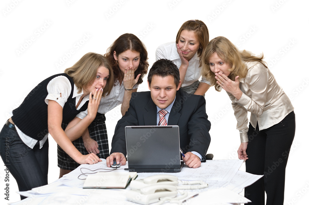 Five young business people in office are surprised Five young business people in office are surprised