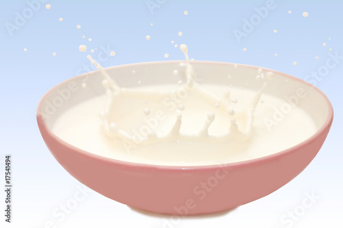 Milk splash in a plate on blue background