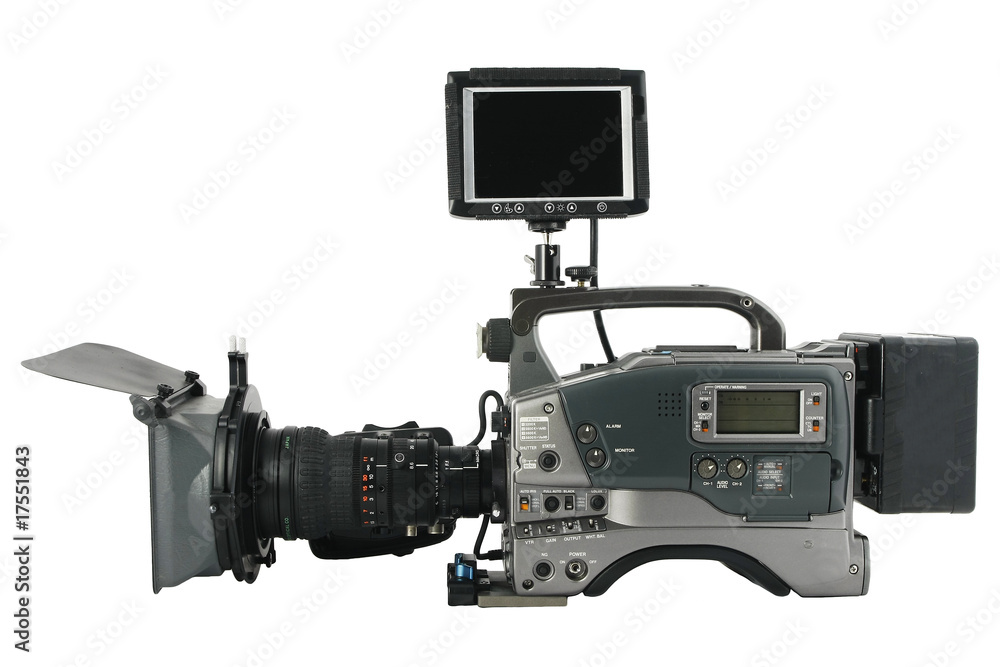 Professional Video Camera  monitor facing to you, Isolated