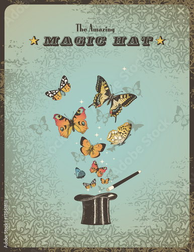 magic poster with top hat, wand and colorful butterflies