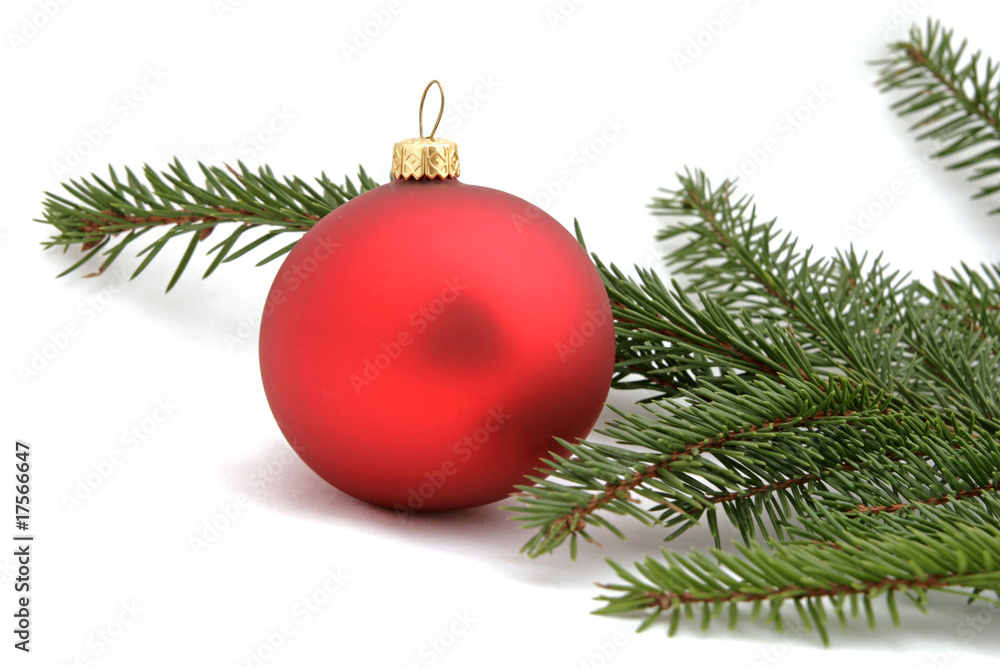 Red christmas ball with the twig of the spruce Red christmas ball with the twig of the spruce