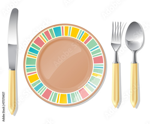 Brown plate, steel spoon, fork, knife | Vector World series