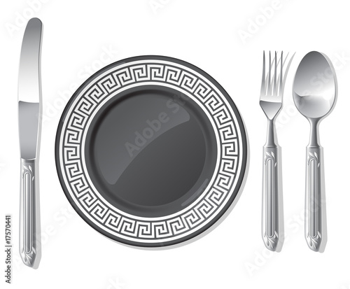 Black plate, silver spoon, fork, knife | Vector World series