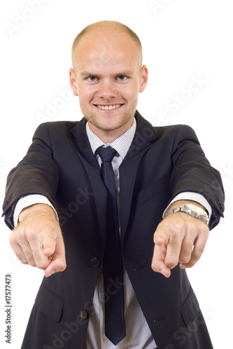 businessman in suit and tie pointing the fingers