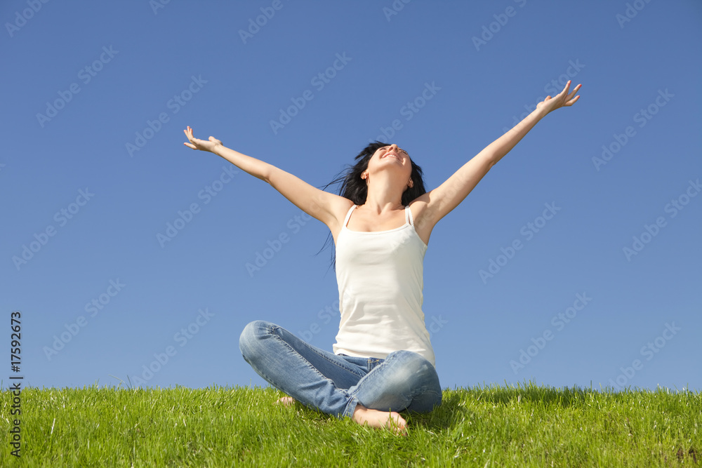 happy young woman dreams to fly on winds happy young woman dreams to fly on winds