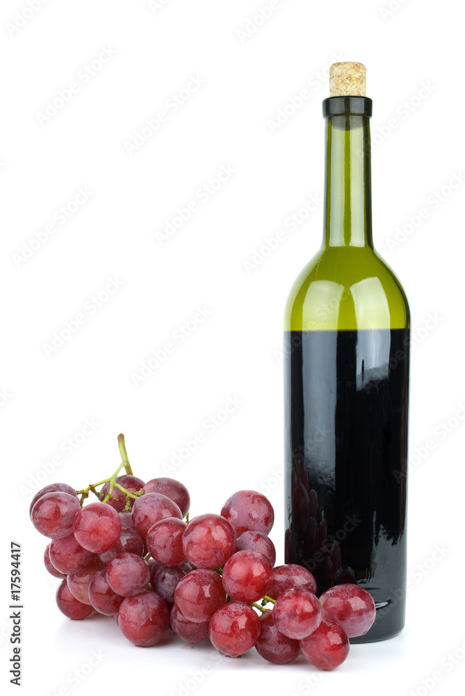 Wine bottle and grapes isolated on the white background