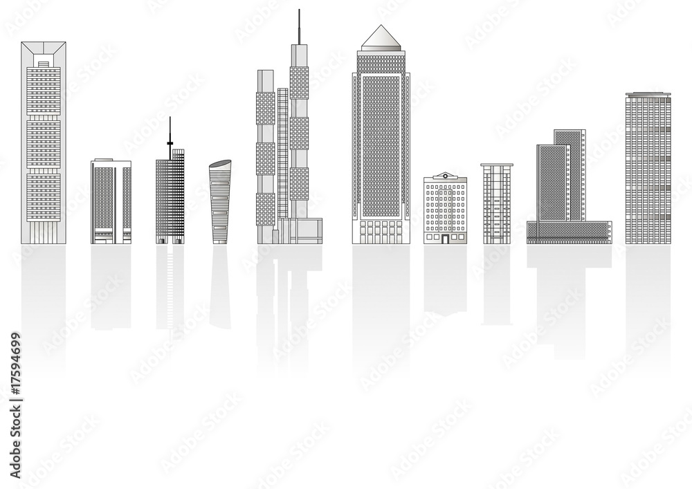 Buildings set with shadow isolated over white background
