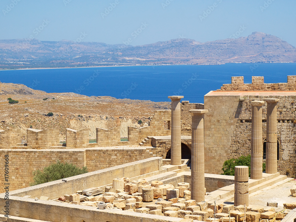 Ancient remains and Vliha Bay from Lindos, Rhodes island