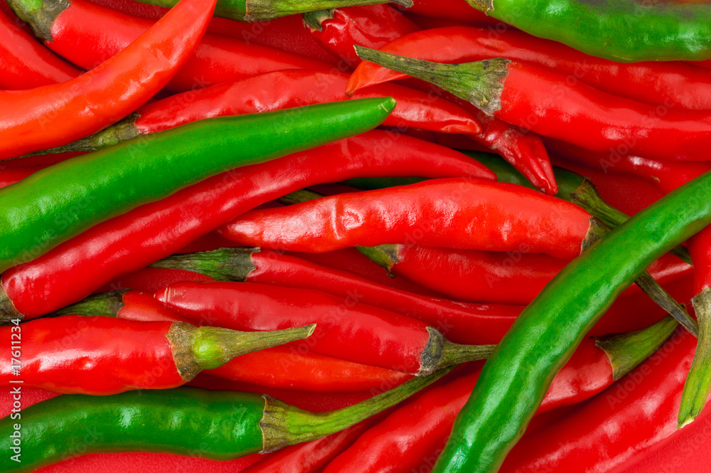 Heap of green and red hot chili pepper