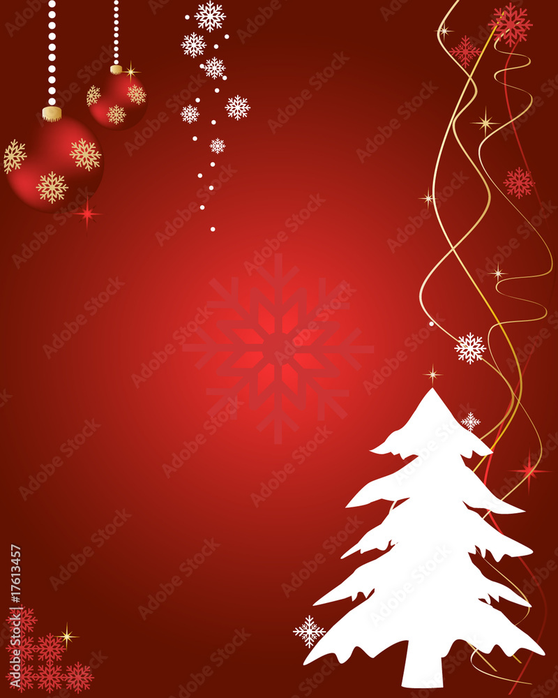 Christmas ornament, snowflake and tree on red background Christmas ornament, snowflake and tree on red background