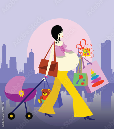 The pregnant woman buys gifts for the baby. Vector