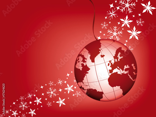 Globe ball on a red festive background with snowflakes