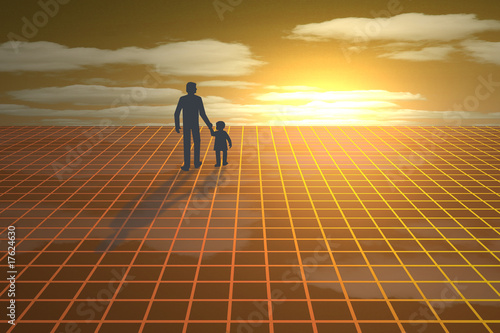 Silhouette of father and child walking towards sunset