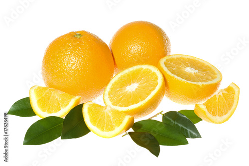 Oranges with leafs isolated on white background