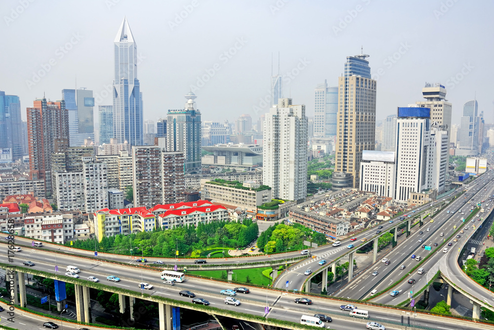 Fototapeta premium China Shanghai yan an road and city skyline