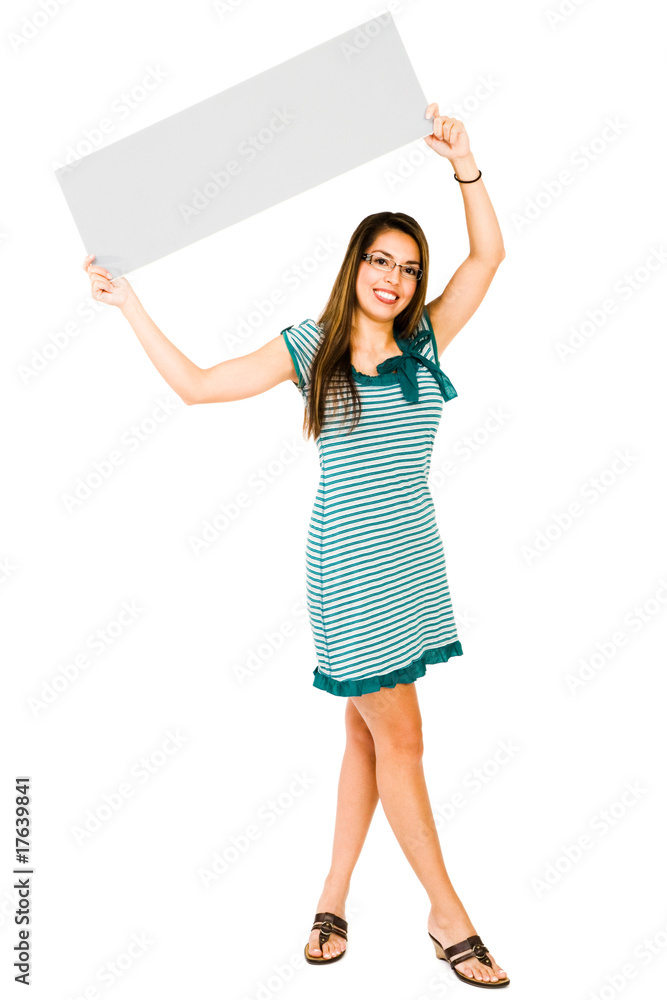 Smiling woman showing placard Smiling woman showing placard