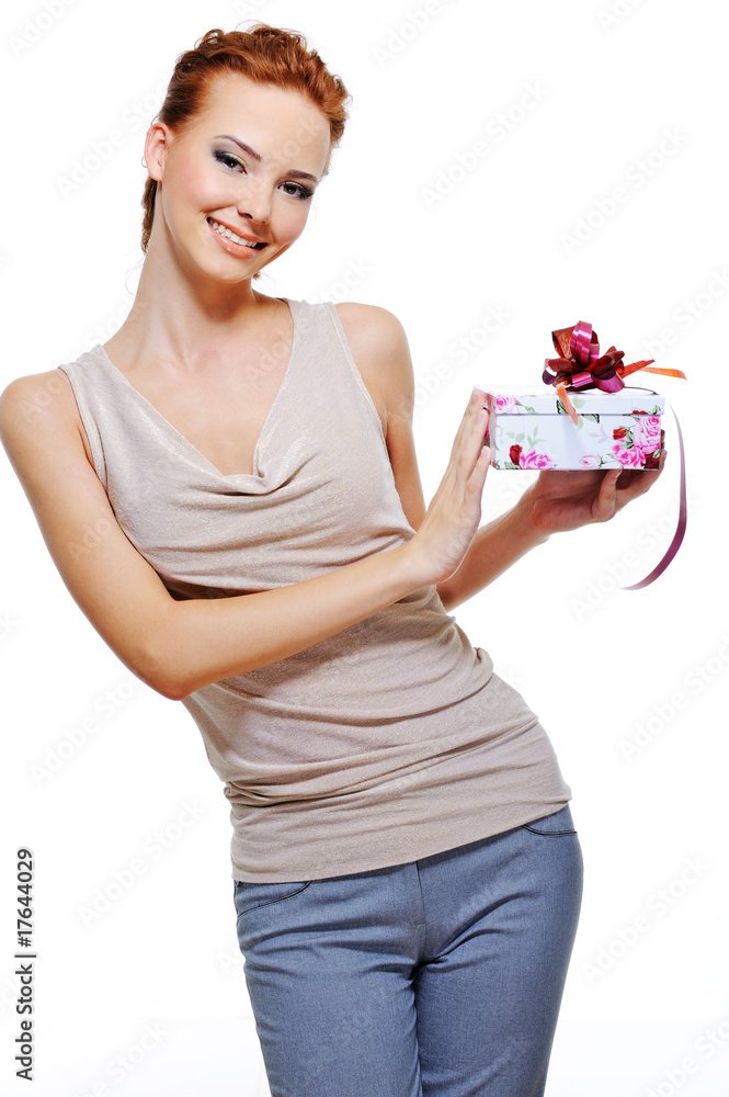 Happy woman holding the small present box Happy woman holding the small present box